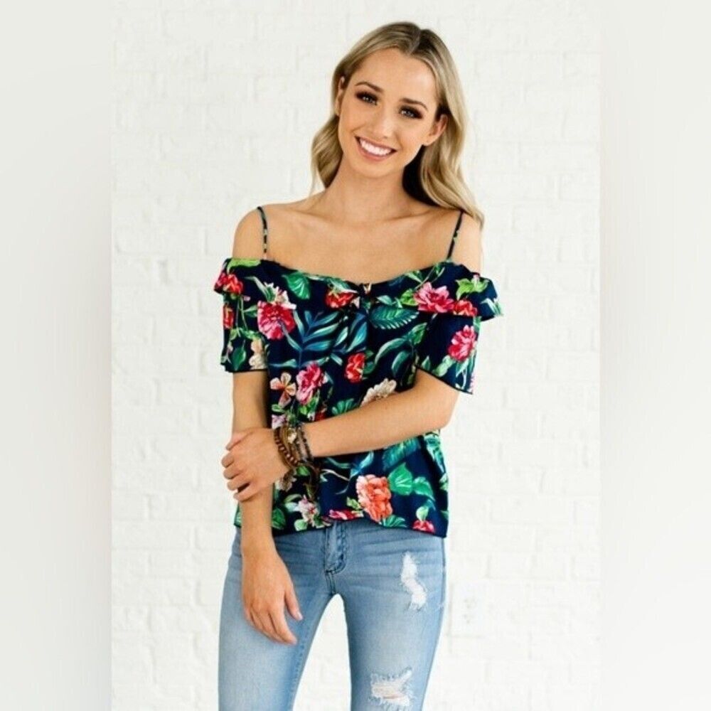 Vivace Island Dreaming Navy Cold Shoulder‎ Style Top Size 1XL